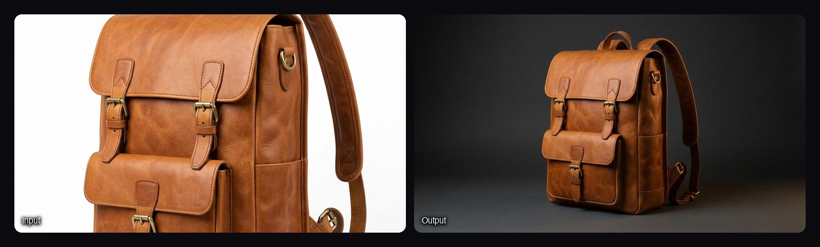 The input image on the left and the result from Sloosh's 360 Product Orbit Video Space on the right: brown leather backpack in a studio.