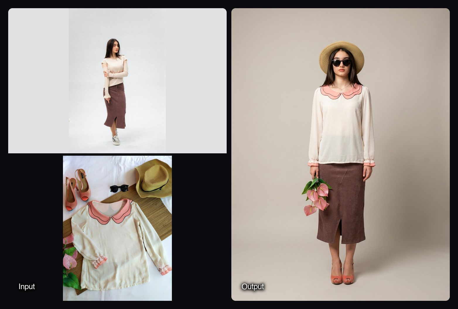 The input images on the left and the result from Sloosh's Flat-Lay to On-Model Shoot Space on the right: model in a retro outfit holding flowers.
