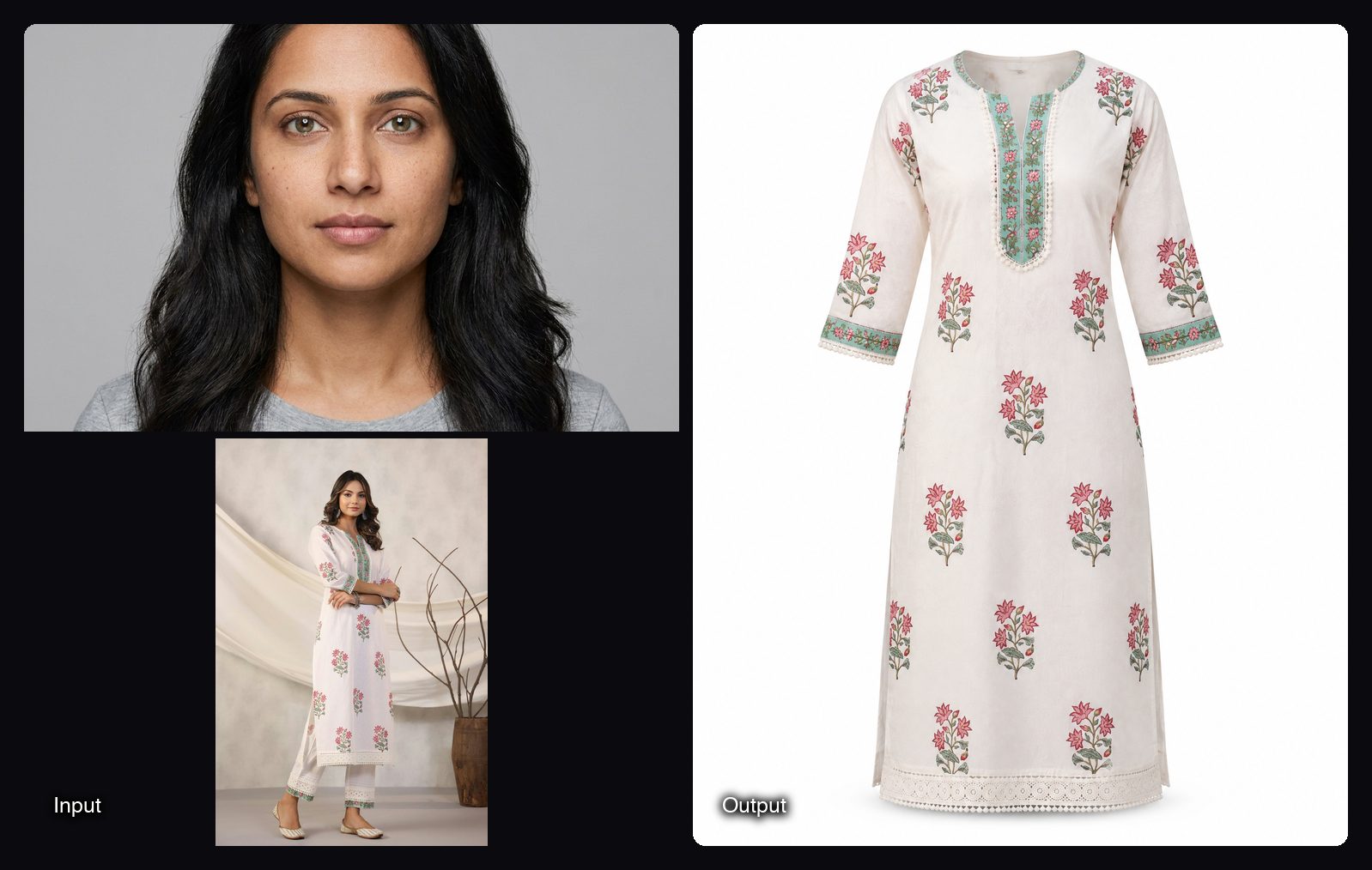 The input images on the left and the result from Sloosh's Kurta Catalogue Creation Space on the right: a yellow embroidered kurta on a white background.