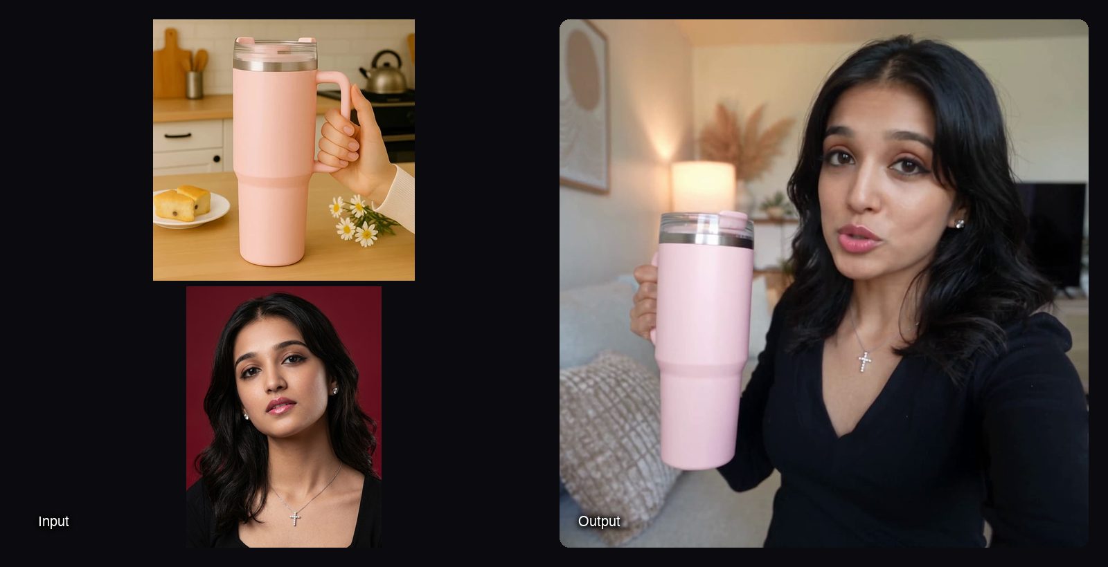 The input images on the left and a frame of the video Sloosh's AI UGC Video Ad Creator Space made from them on the right: woman reviewing a pink tumbler in a living room.