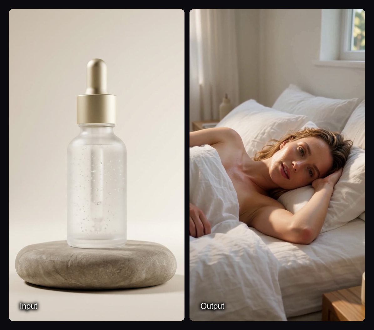 The input image on the left and a frame of the video Sloosh Studio made from it on the right: woman waking up in white bedding in a sunlit bedroom.
