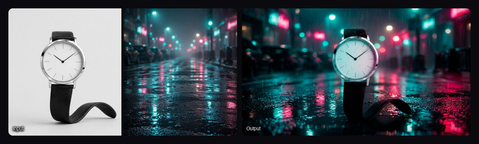 The input images on the left and the result from Sloosh's Cinematic Ad Sequence Space on the right: widescreen storyboard frame of a minimalist watch on a rainy city street.