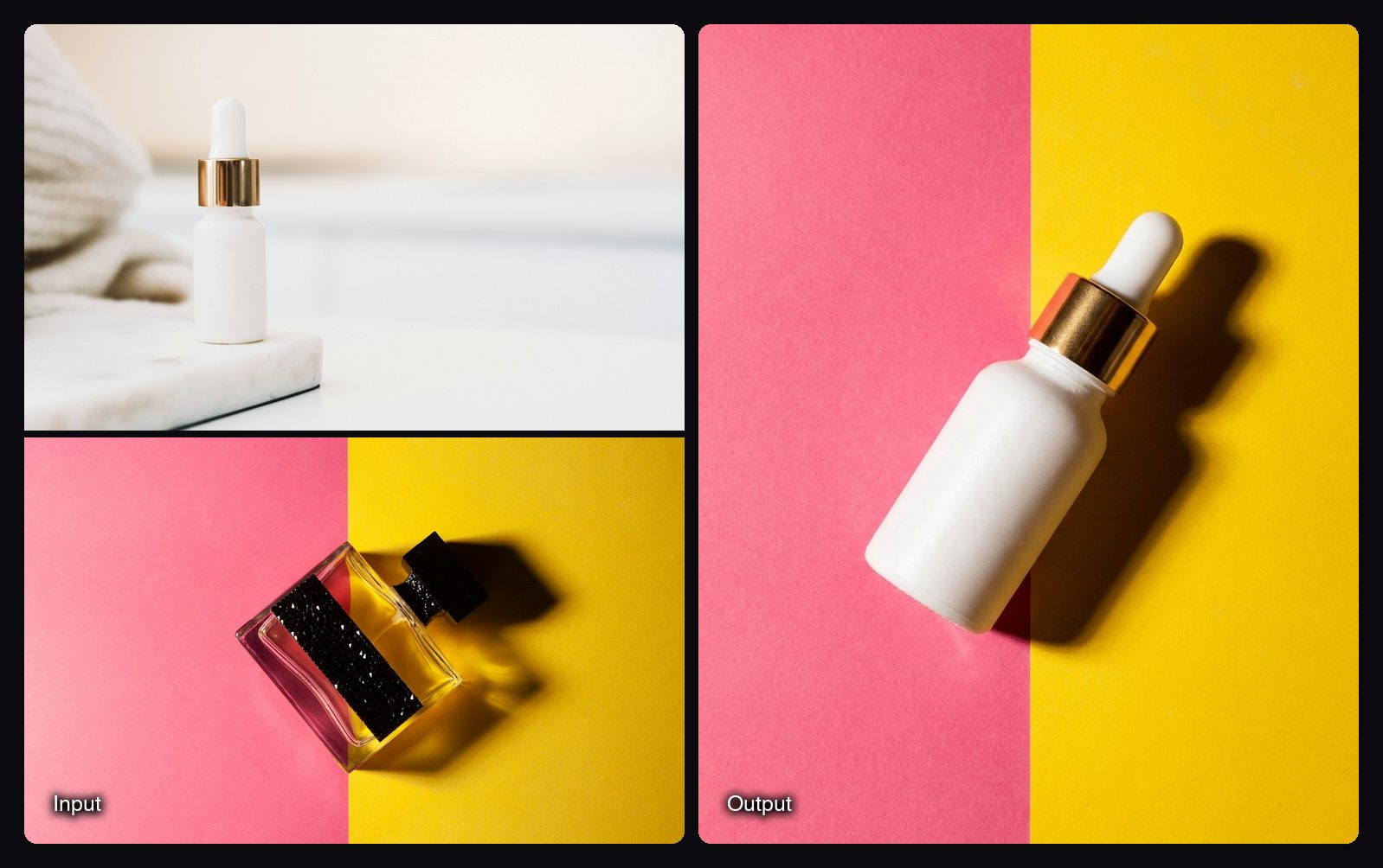 The input images on the left and the result from Sloosh's Swap Product into a Reference Ad Space on the right: a dropper bottle on a split colour background.