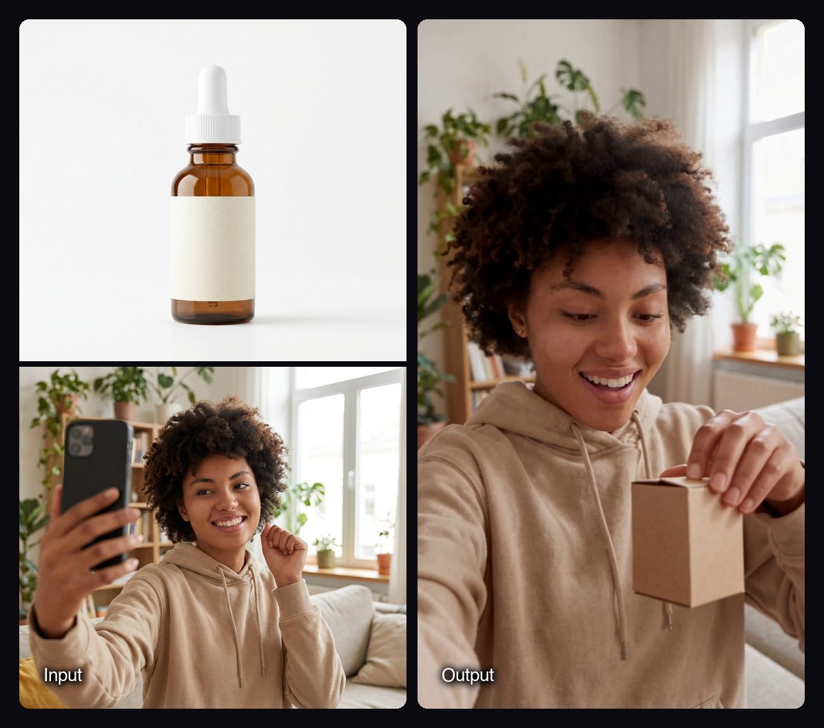 The input images on the left and a frame of the video Sloosh's UGC Unboxing Clip Space made from them on the right: a woman unboxing a skincare serum at home.