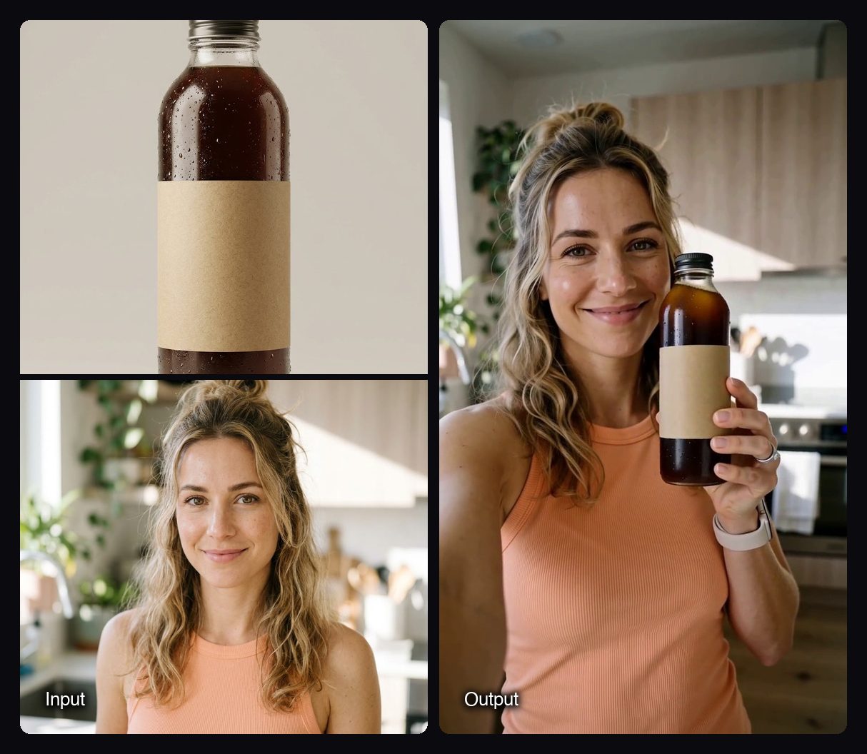 The input images on the left and a frame of the video Sloosh Studio made from them on the right: smiling woman holding an amber bottle in a sunlit kitchen.