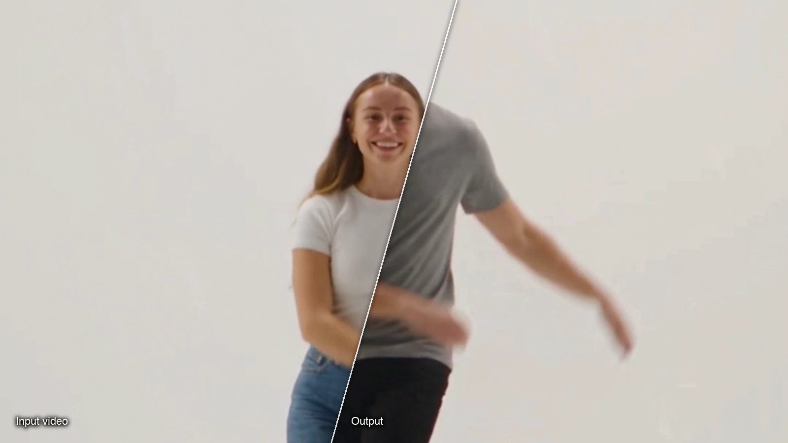 A frame of the input video beside the same moment of the output from Sloosh's Character Swap in a Trending Video Space: a man dancing in a white studio.