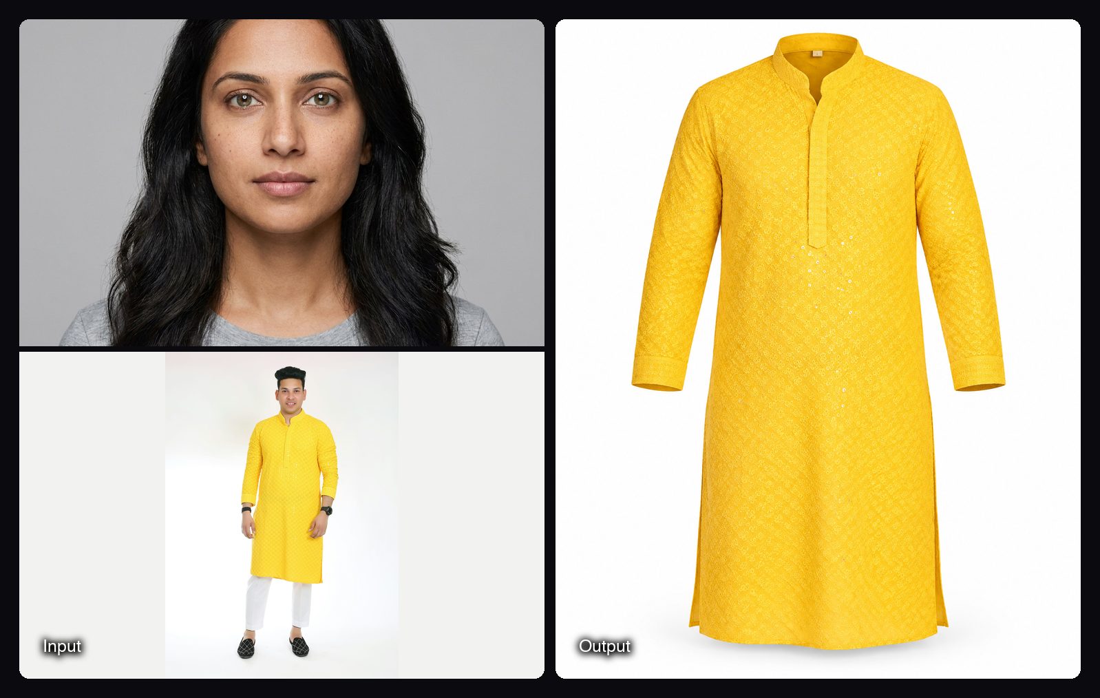 The input images on the left and the result from Sloosh's Kurta Catalogue Creation Space on the right: yellow embroidered kurta on a plain white background.