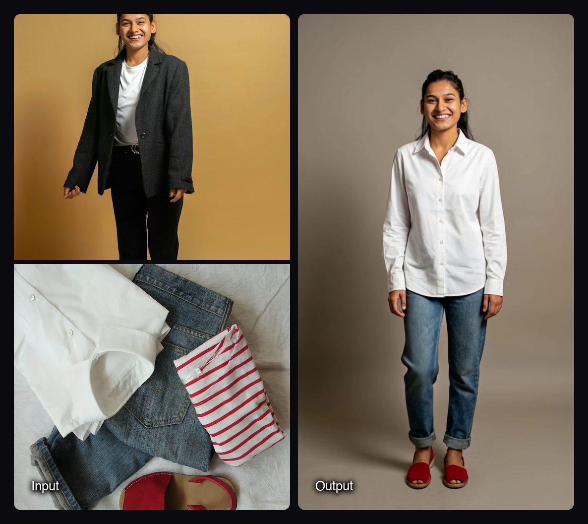 The input images on the left and a frame of the video Sloosh's Fashion Pose-to-Pose Video Space made from them on the right: woman in a white shirt and blue jeans posing in a grey studio.