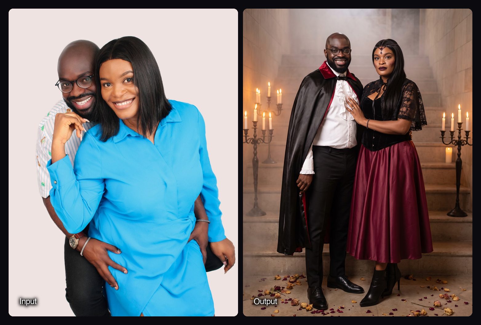 The input image on the left and the result from Sloosh's Fright Fit Space on the right: couple in vampire costumes on a candlelit staircase.