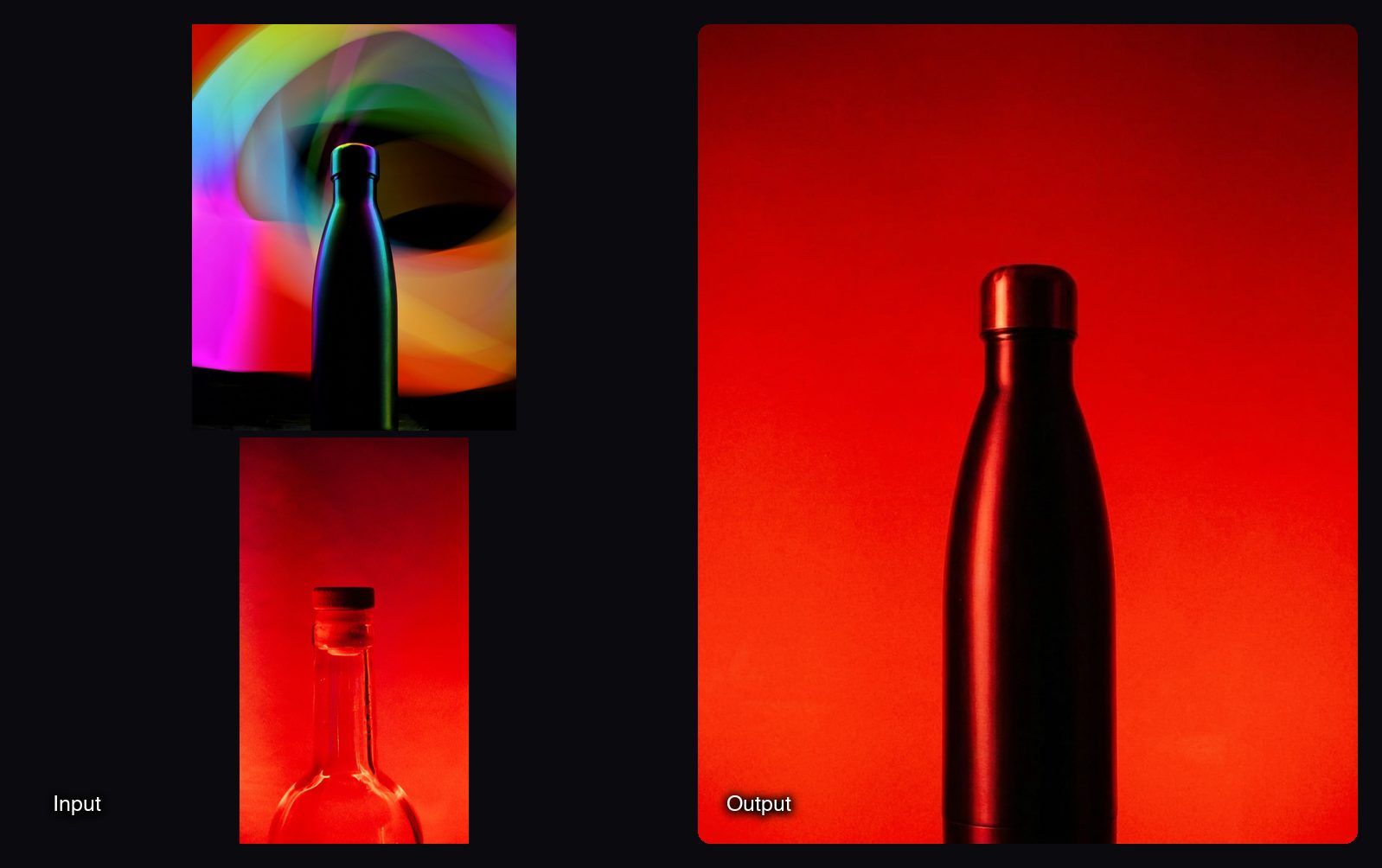 The input images on the left and the result from Sloosh's Swap Product into a Reference Ad Space on the right: a sleek metal bottle on a red backdrop.
