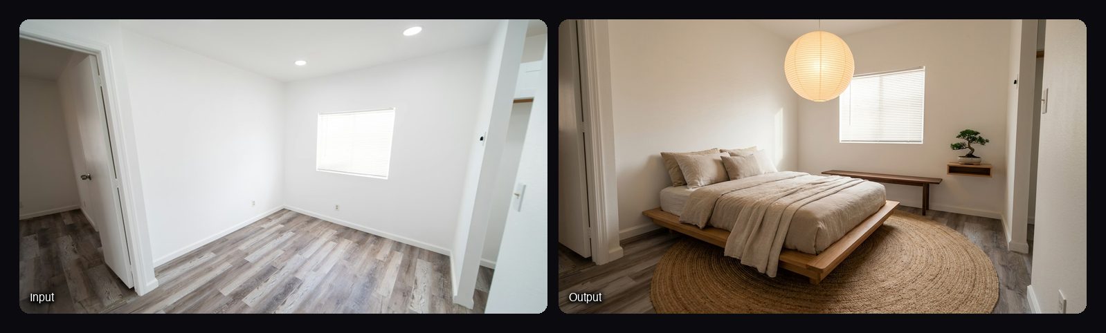 The input image on the left and the result from Sloosh's Room Restyle Space on the right: minimalist bedroom with a wooden platform bed.