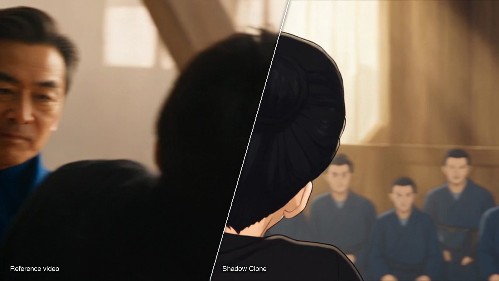 A frame of the reference video beside the same moment recast by Sloosh's Shadow Clone Space: a frame from a Shadow Clone video.