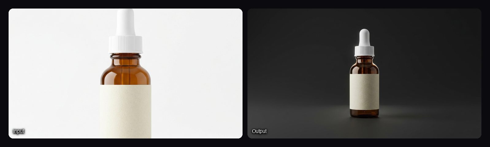 The input image on the left and the result from Sloosh's 360 Product Orbit Video Space on the right: amber dropper bottle on a dark background.