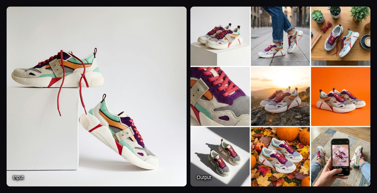 The input image on the left and the result from Sloosh's 3×3 Product Ad Grid Space on the right: nine sneaker ad concepts in a 3x3 grid.