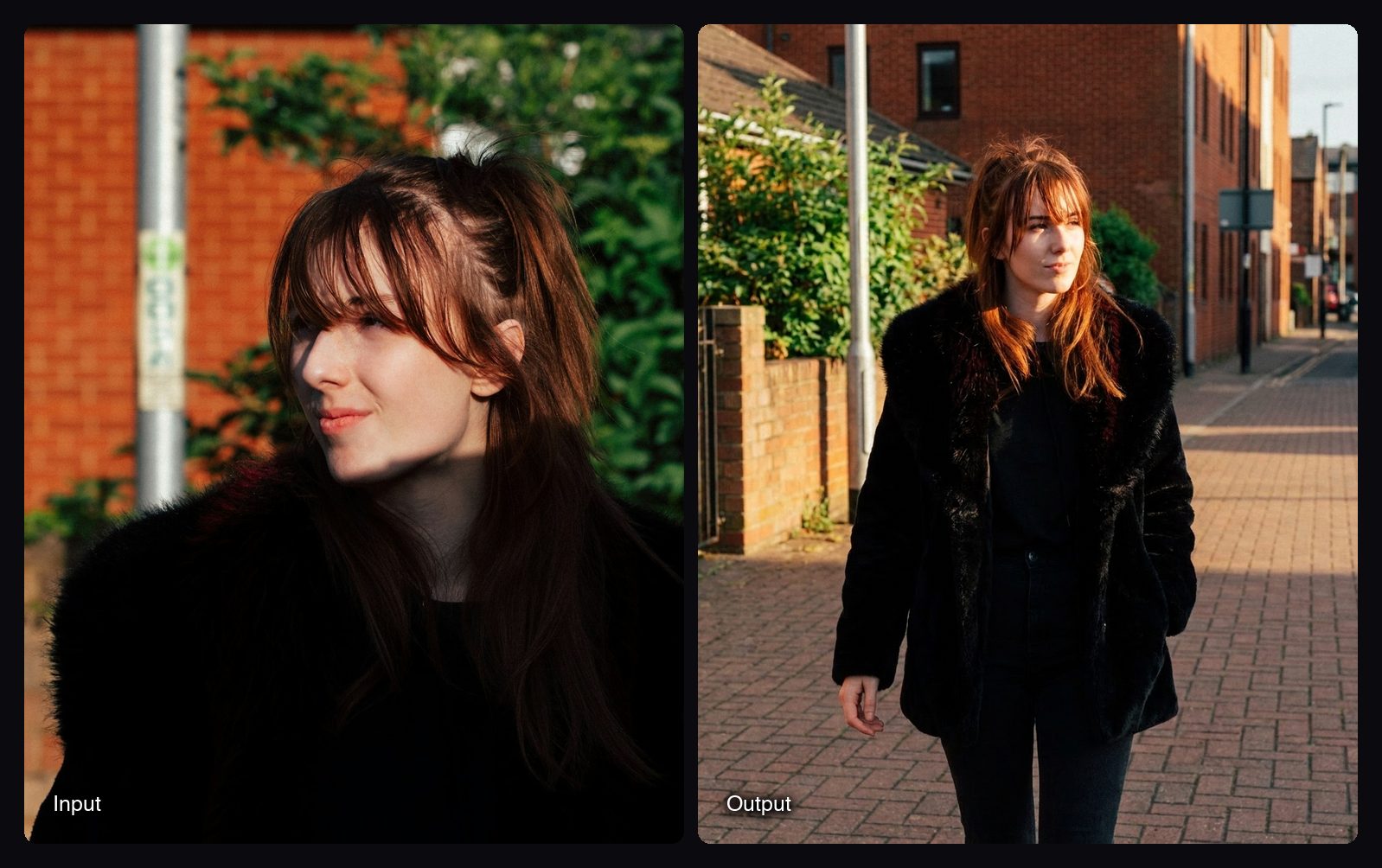 The input image on the left and the result from Sloosh's Consistent Photo Set Space on the right: woman in a black faux fur coat.