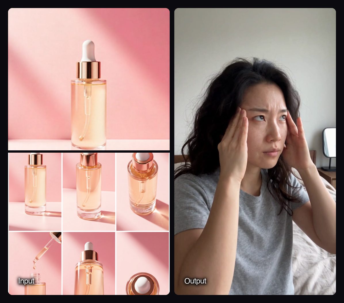 The input images on the left and a frame of the video Sloosh's UGC Selfie Video Ad Space made from them on the right: UGC selfie video ad.