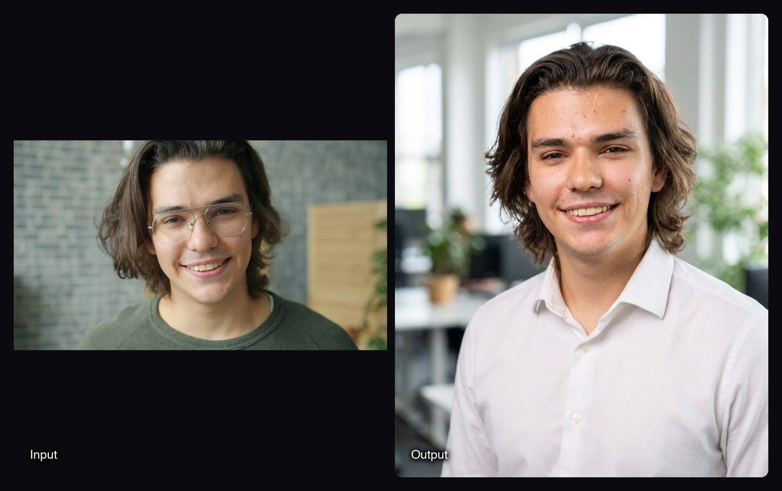 The input image on the left and the result from Sloosh's Headshot Generator Space on the right: studio headshot of a young man in a jacket against a plain backdrop.