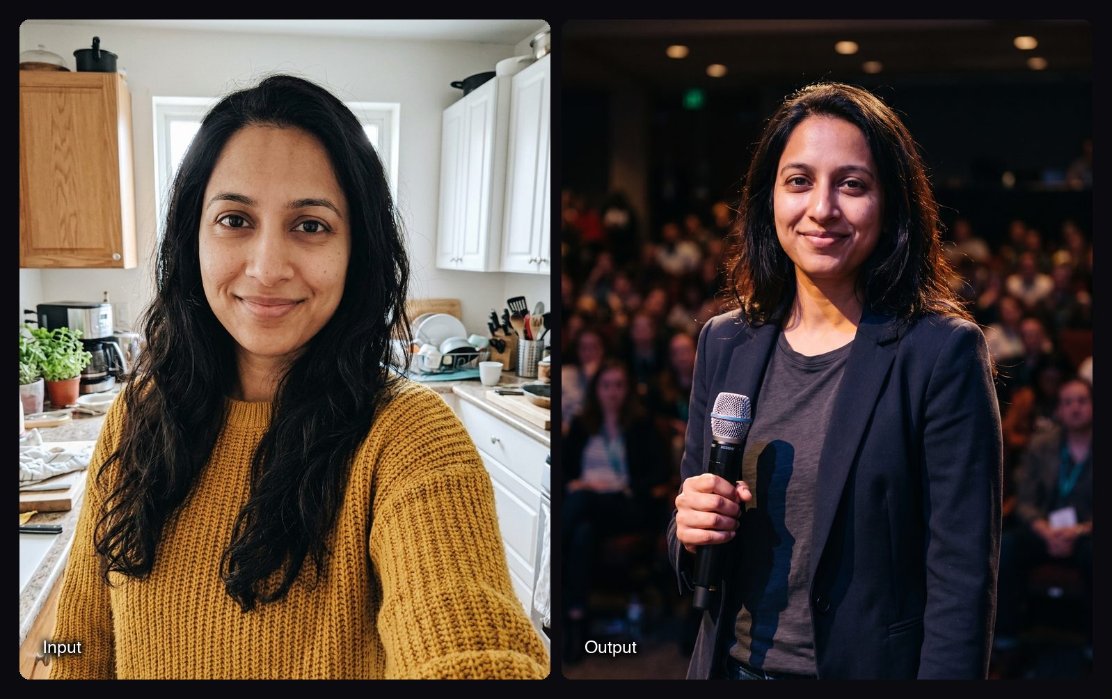 The input image on the left and the result from Sloosh's Professional Photo Pack Space on the right: conference speaker holding a microphone on stage.
