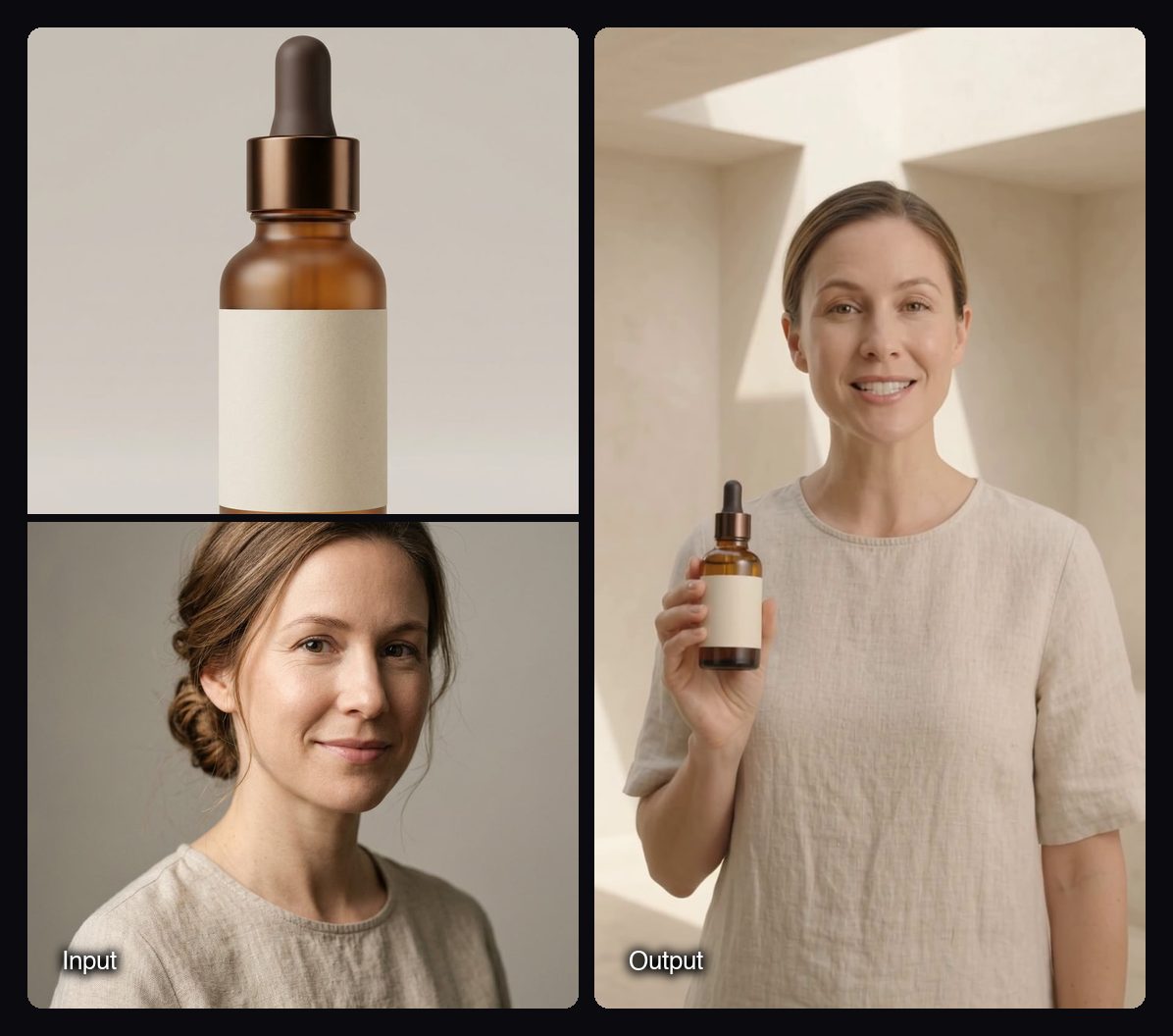 The input images on the left and a frame of the video Sloosh Studio made from them on the right: woman holding up an amber face serum bottle to camera in a bright room.