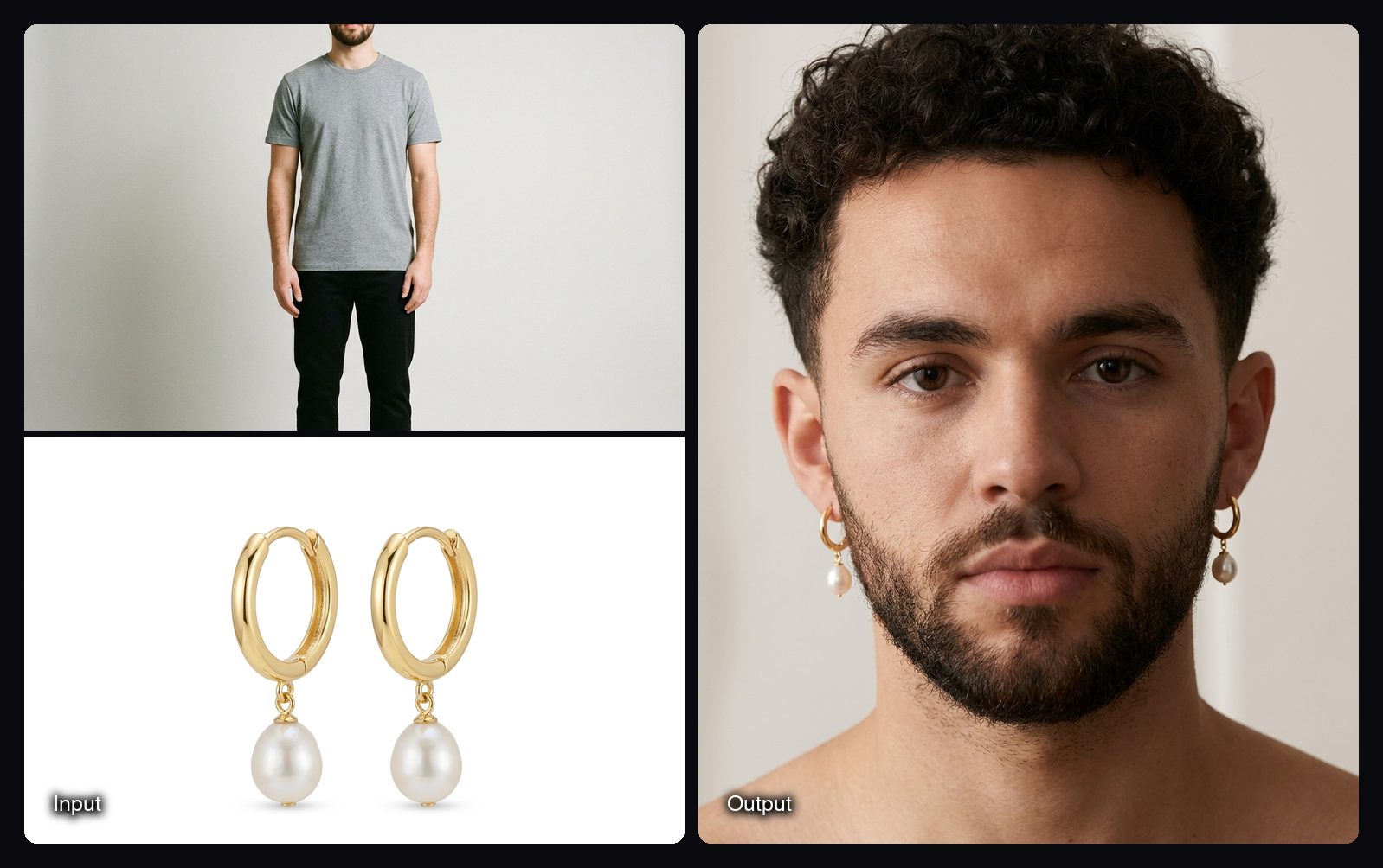 The input images on the left and the result from Sloosh's Jewellery on Model Space on the right: man wearing pearl drop earrings in a 4:5 close-up portrait.
