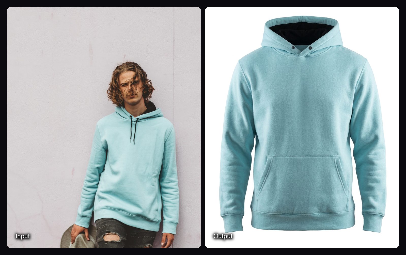 The input image on the left and the result from Sloosh's Ghost Mannequin Space on the right: light blue pullover hoodie shown in invisible mannequin style on white.