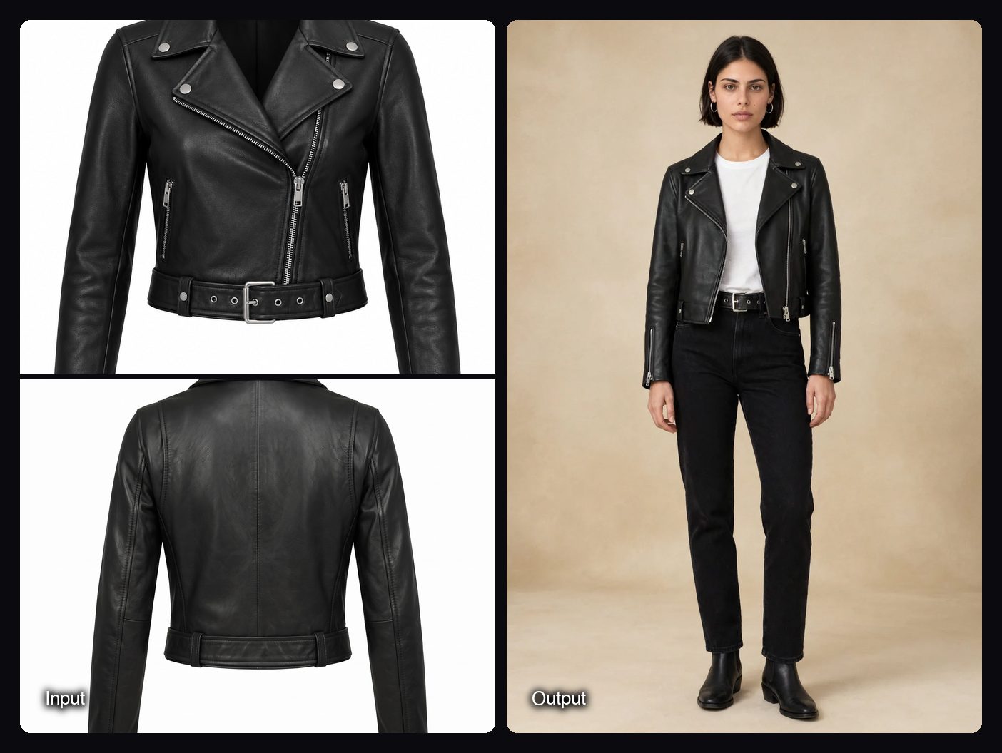 The input images on the left and the result from Sloosh's On-Model Studio Shoot Space on the right: model in a black leather biker jacket on a studio backdrop.