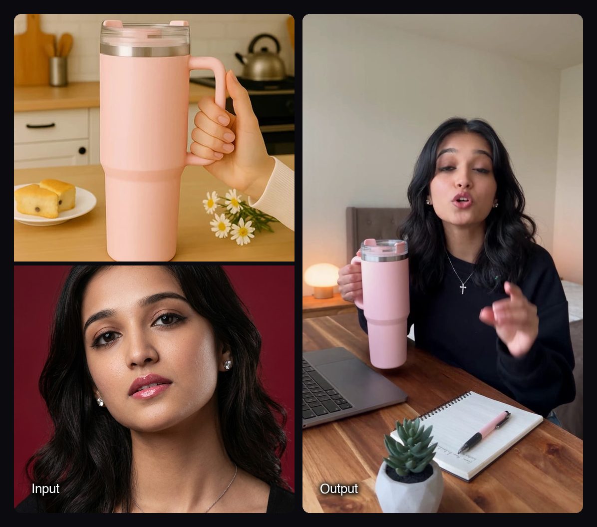 The input images on the left and a frame of the video Sloosh's AI UGC Video Ad Creator Space made from them on the right: creator sharing tips at a wooden desk.