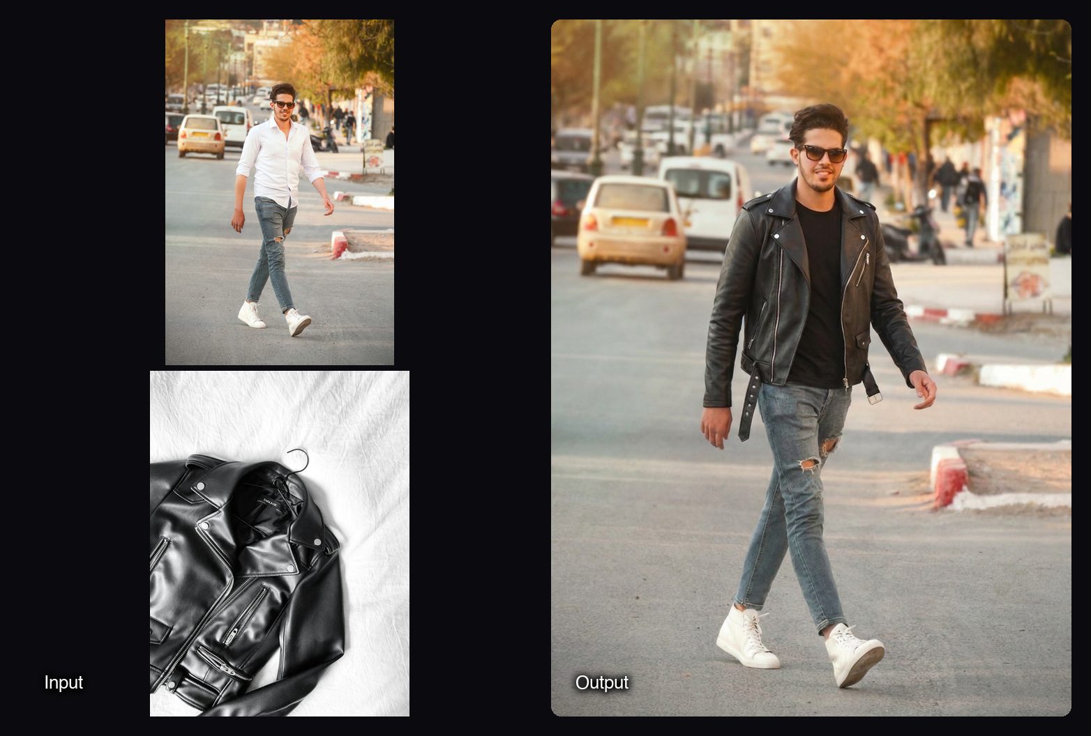 The input images on the left and the result from Sloosh's Virtual Try-On Space on the right: man in a leather jacket on a street.