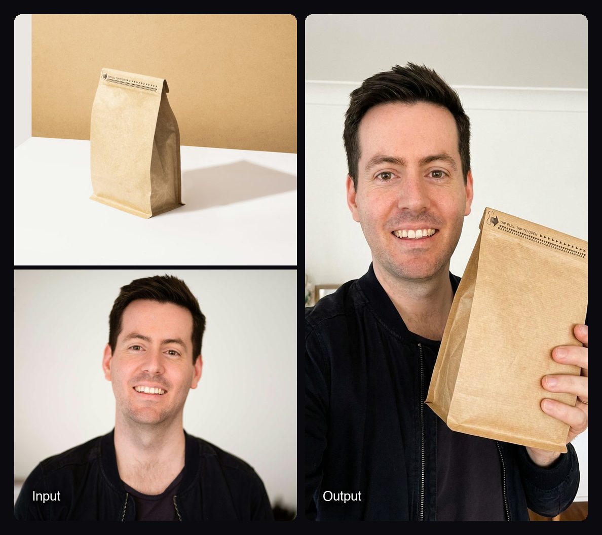 The input images on the left and the result from Sloosh's Product in Hand (UGC) Space on the right: a man holding a kraft paper bag up to the camera.