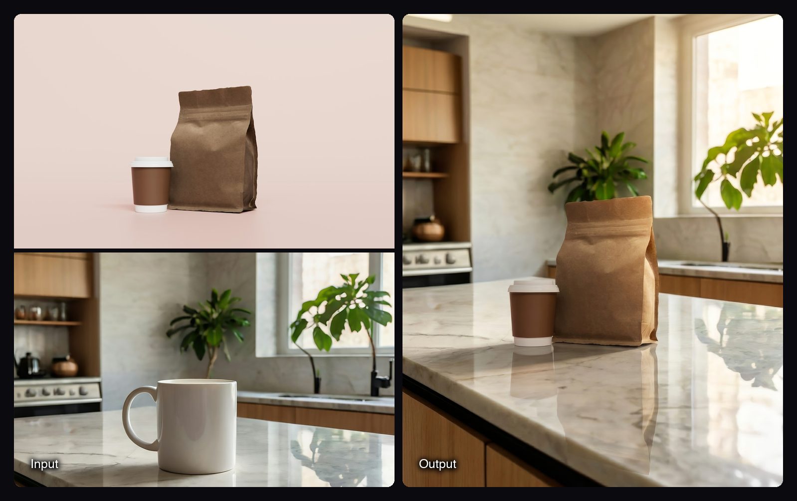 The input images on the left and the result from Sloosh's Product in Scene + Relight Space on the right: paper packaging on a marble kitchen island.