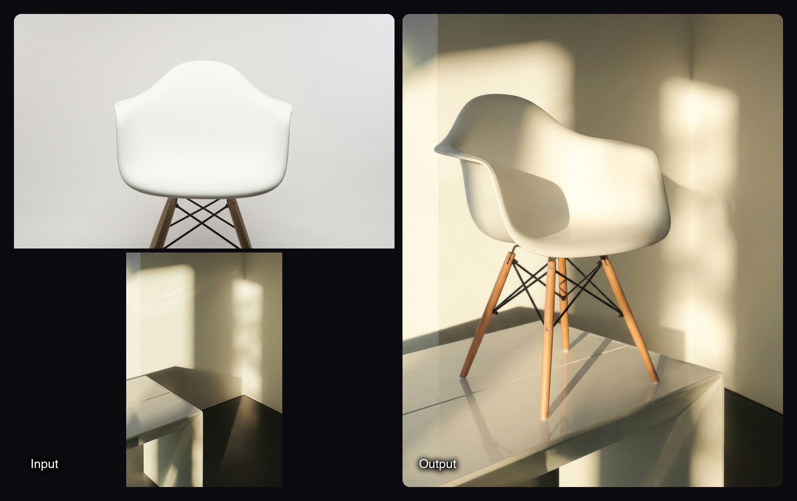 The input images on the left and the result from Sloosh's Product in Scene + Relight Space on the right: modern white armchair in warm sunlight.