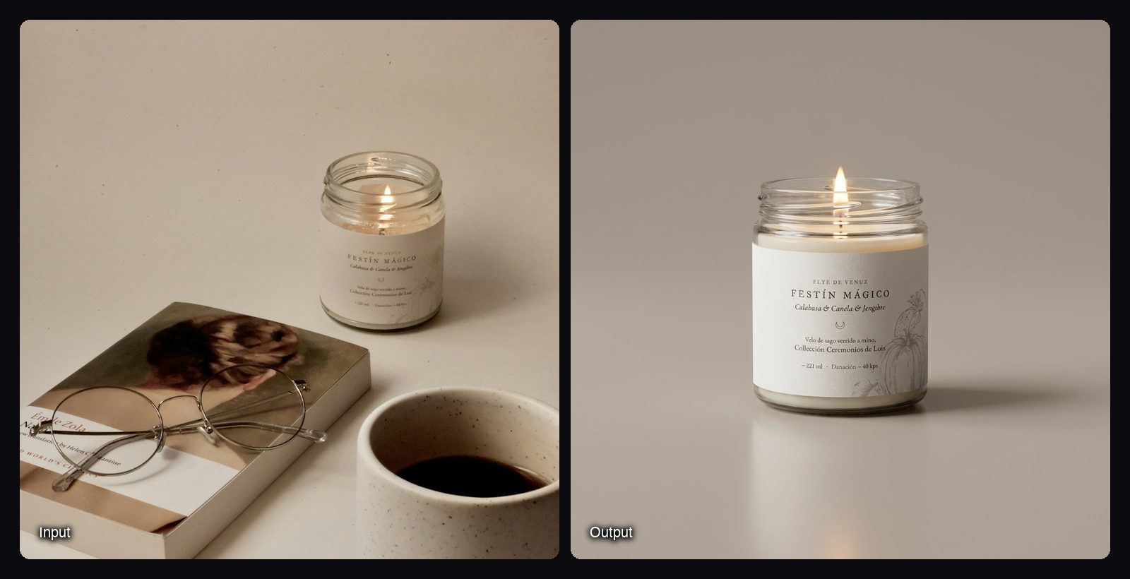 The input image on the left and the result from Sloosh's Phone Photo to Studio Product Video Space on the right: lit scented candle in a glass jar on a seamless studio backdrop.