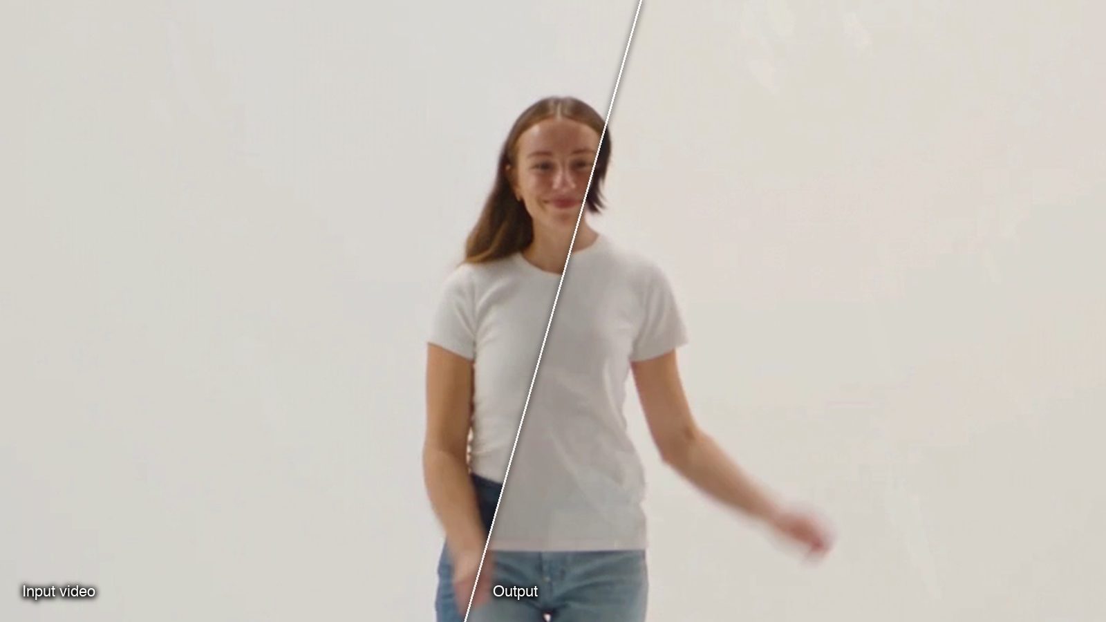 A frame of the input video beside the same moment of the output from Sloosh's Character Swap in a Trending Video Space: a woman in a white T-shirt and jeans dancing in a white studio.