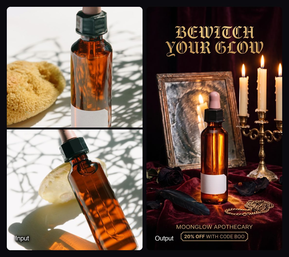 The input images on the left and the result from Sloosh's Halloween Video Ad Space on the right: amber dropper bottle on red velvet.