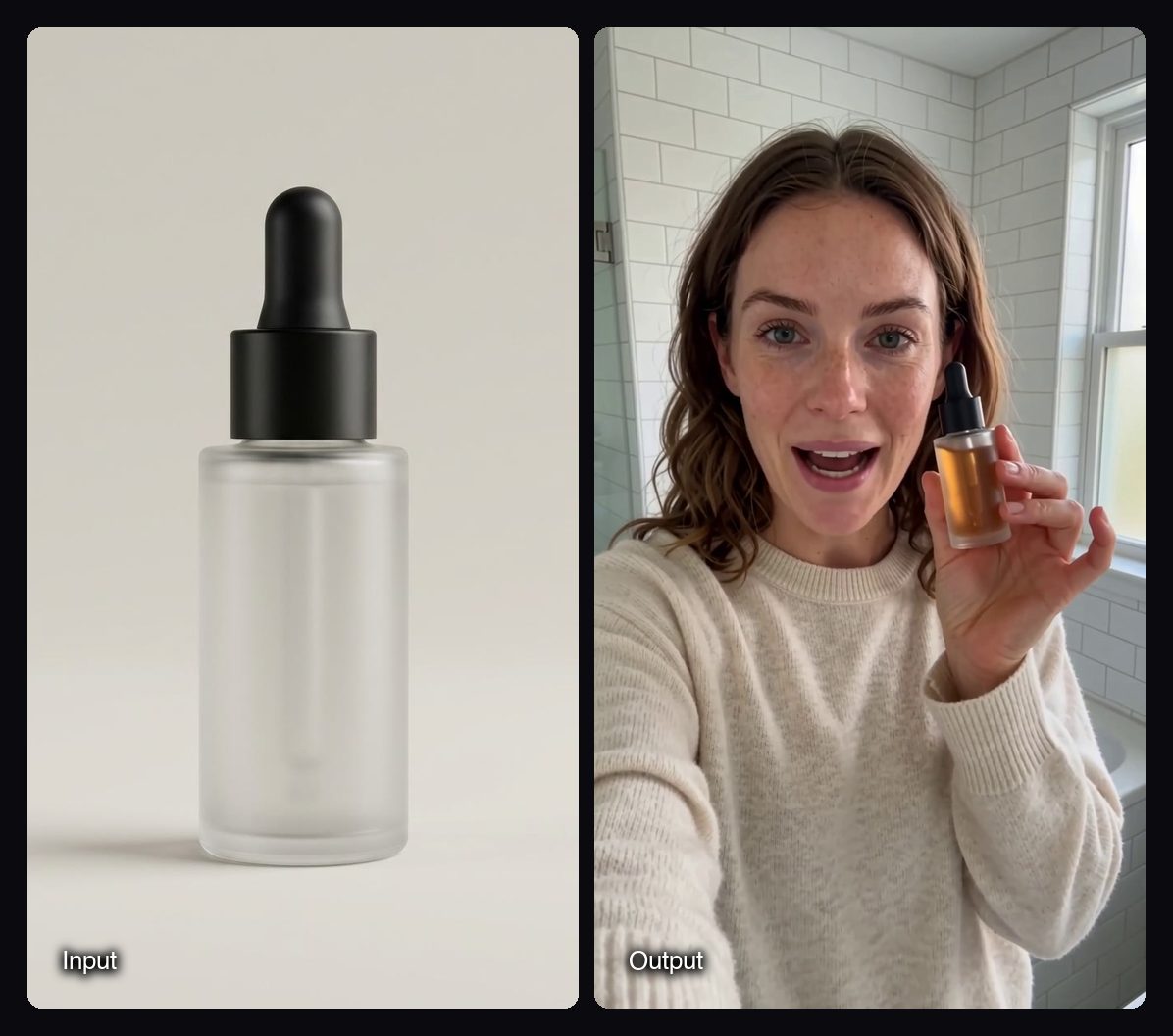 The input image on the left and a frame of the video Sloosh Studio made from it on the right: woman filming a selfie review while holding an amber serum bottle.
