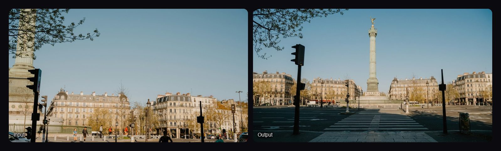 The input image on the left and the result from Sloosh's Scene from Multiple Angles Space on the right: the Bastille monument in an empty city square.