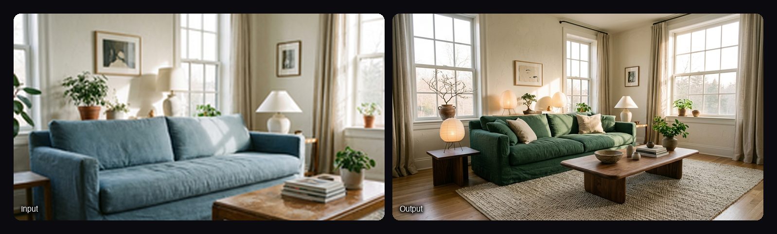 The input image on the left and the result from Sloosh's Room Service Space on the right: japandi living room with a green sofa.