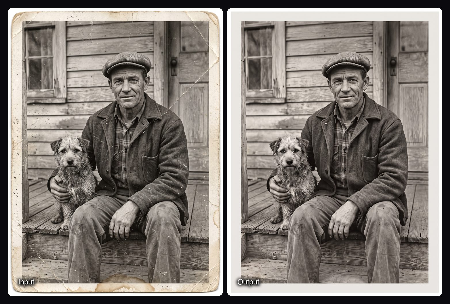The input image on the left and the result from Sloosh's Still Life Space on the right: restored photo of a man and his dog on a wooden porch.