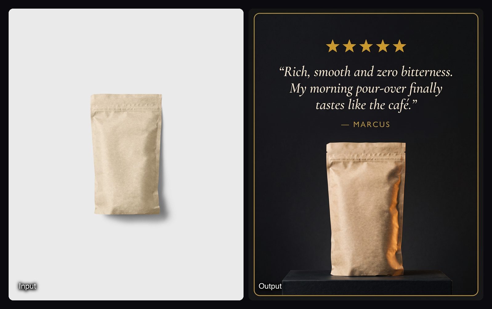 The input image on the left and the result from Sloosh's Review Card Creatives Space on the right: coffee bag customer review ad card.