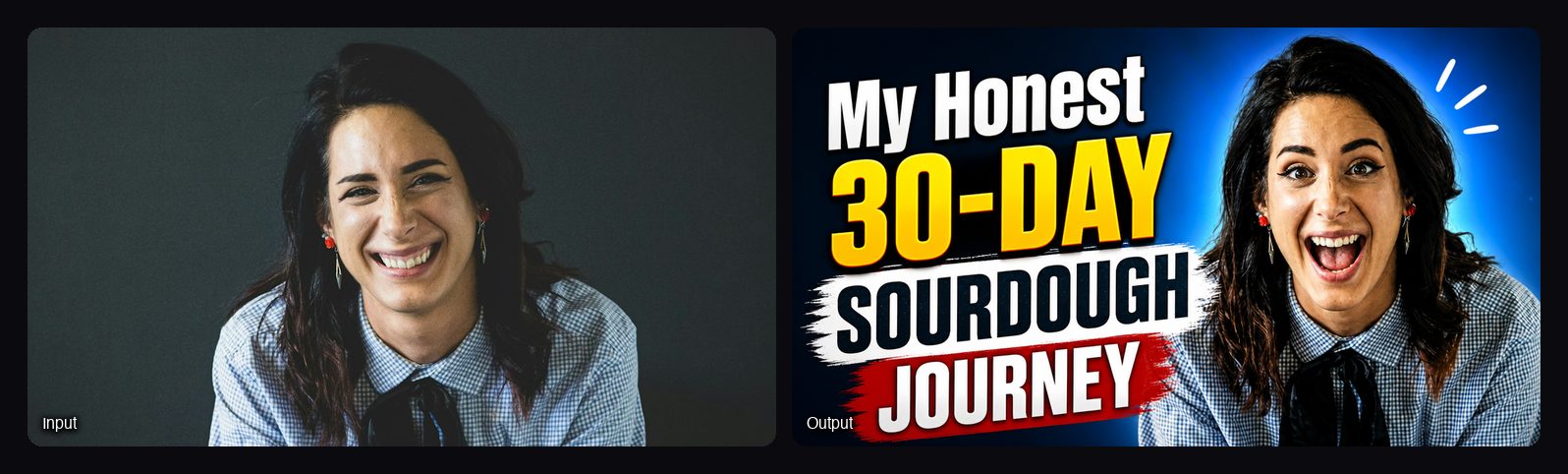 The input image on the left and the result from Sloosh's YouTube Thumbnail Maker Space on the right: excited creator holding a sourdough loaf.