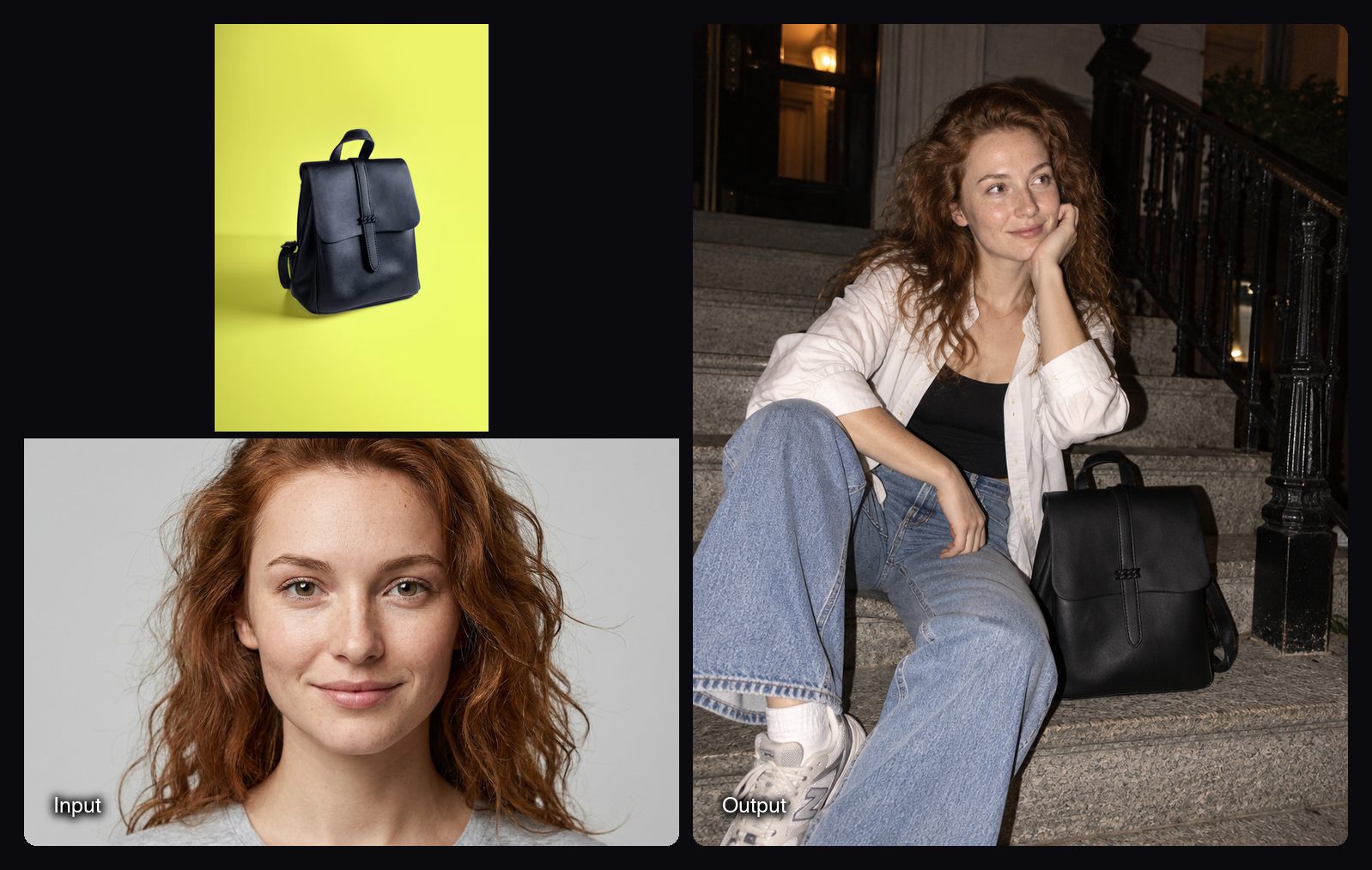 The input images on the left and the result from Sloosh's Pinterest-Style Fashion Campaign Space on the right: casual evening style on city steps.