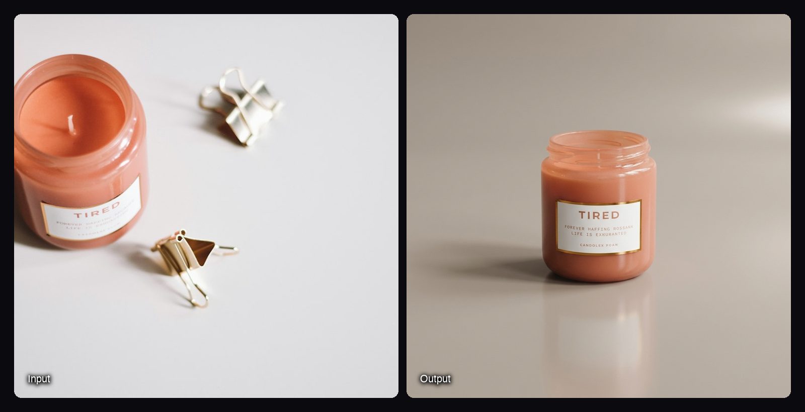The input image on the left and the result from Sloosh's Phone Photo to Studio Product Video Space on the right: scented candle on a minimalist studio set.