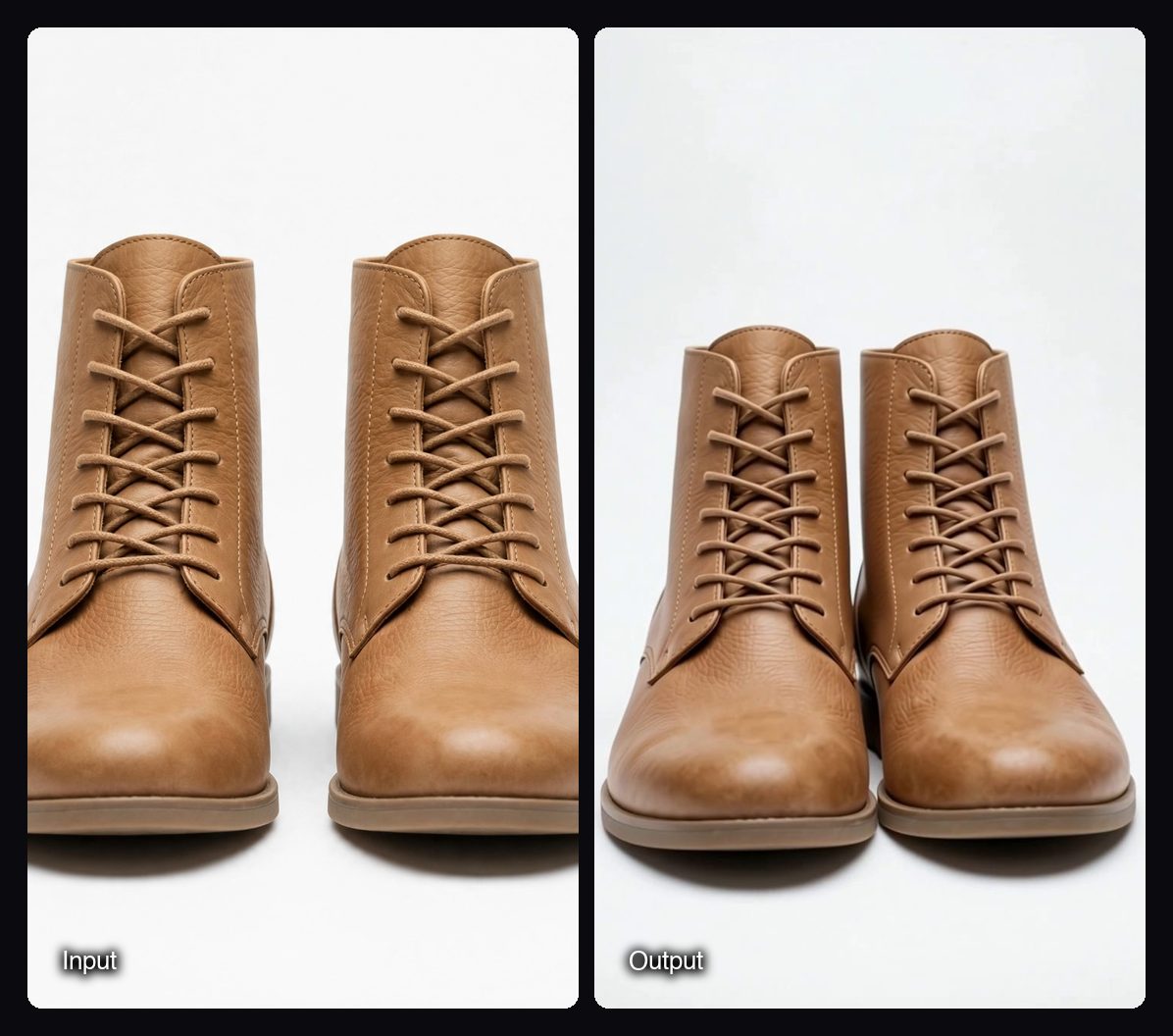 The input image on the left and a frame of the video Sloosh's Multishot Product Clips Space made from it on the right: pair of tan leather lace-up boots on a white studio background.