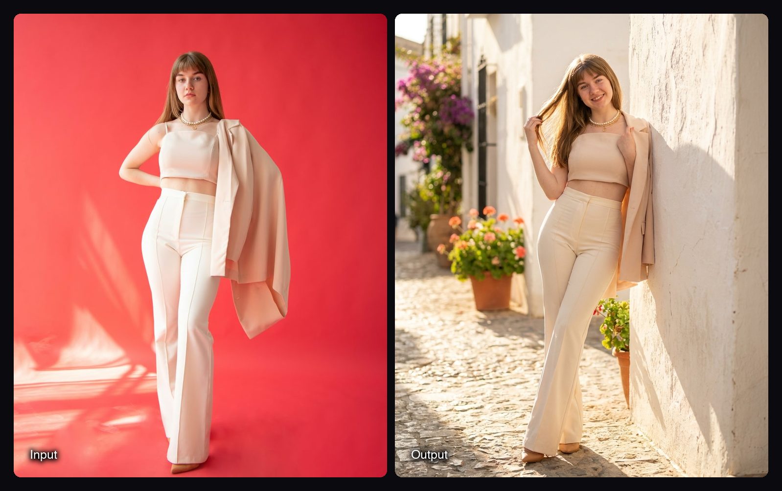 The input image on the left and the result from Sloosh's Character in 4 Scenes Space on the right: a woman in a monochrome beige outfit in a sunlit alley.