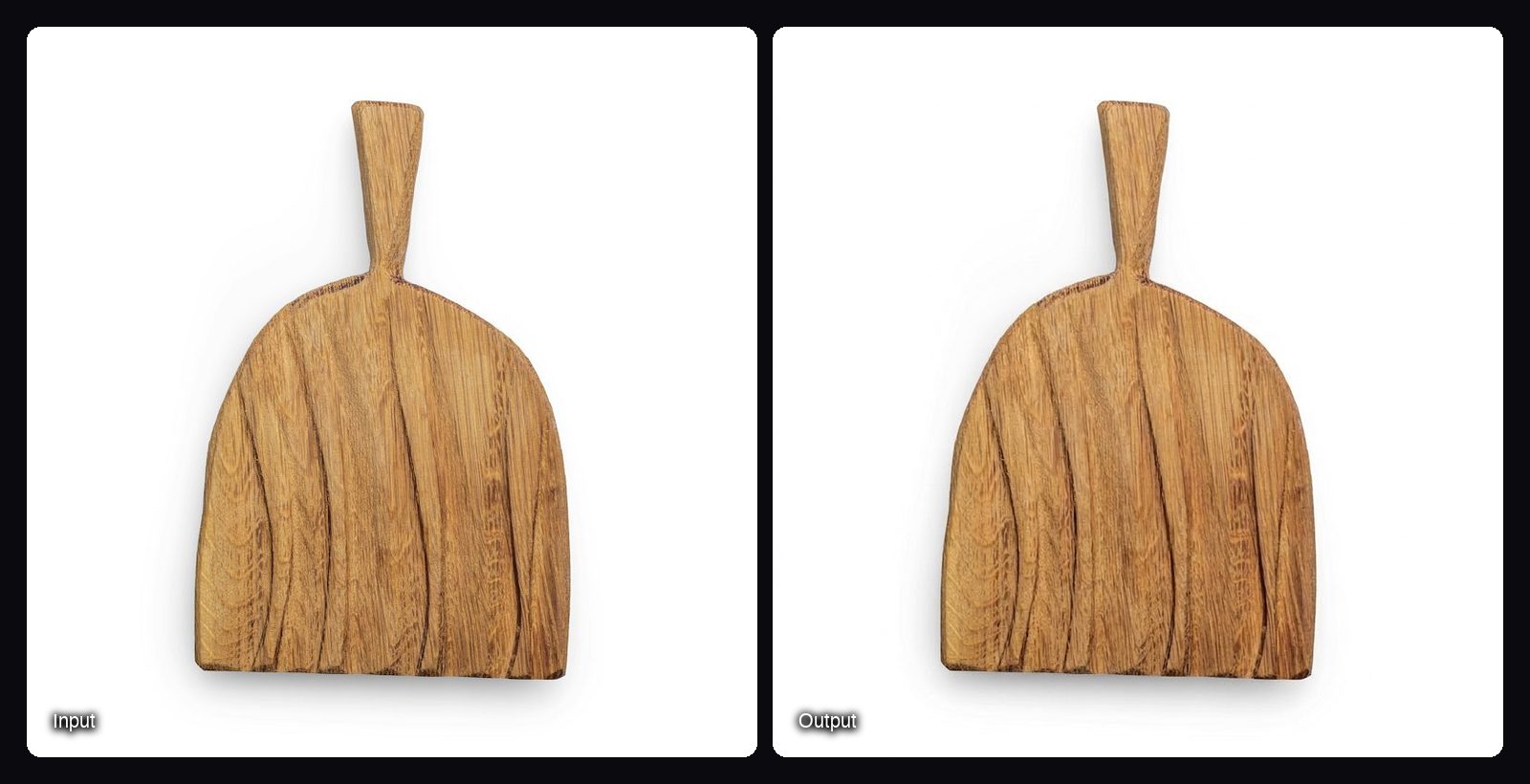 The input image on the left and the result from Sloosh's Amazon Listing Pack Space on the right: rustic wooden serving board on a pure white background.