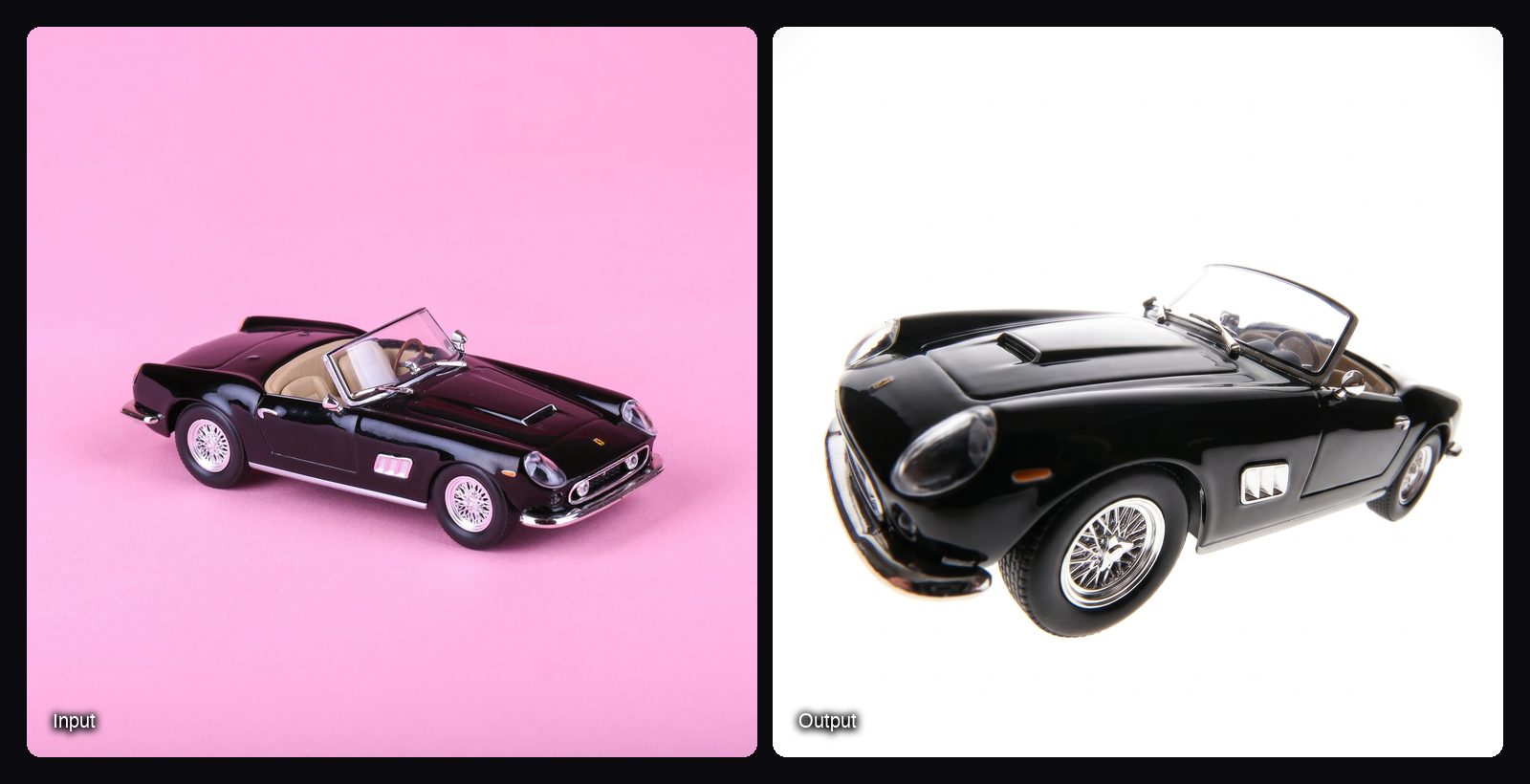 The input image on the left and the result from Sloosh Studio on the right: black vintage convertible model car on a white background.