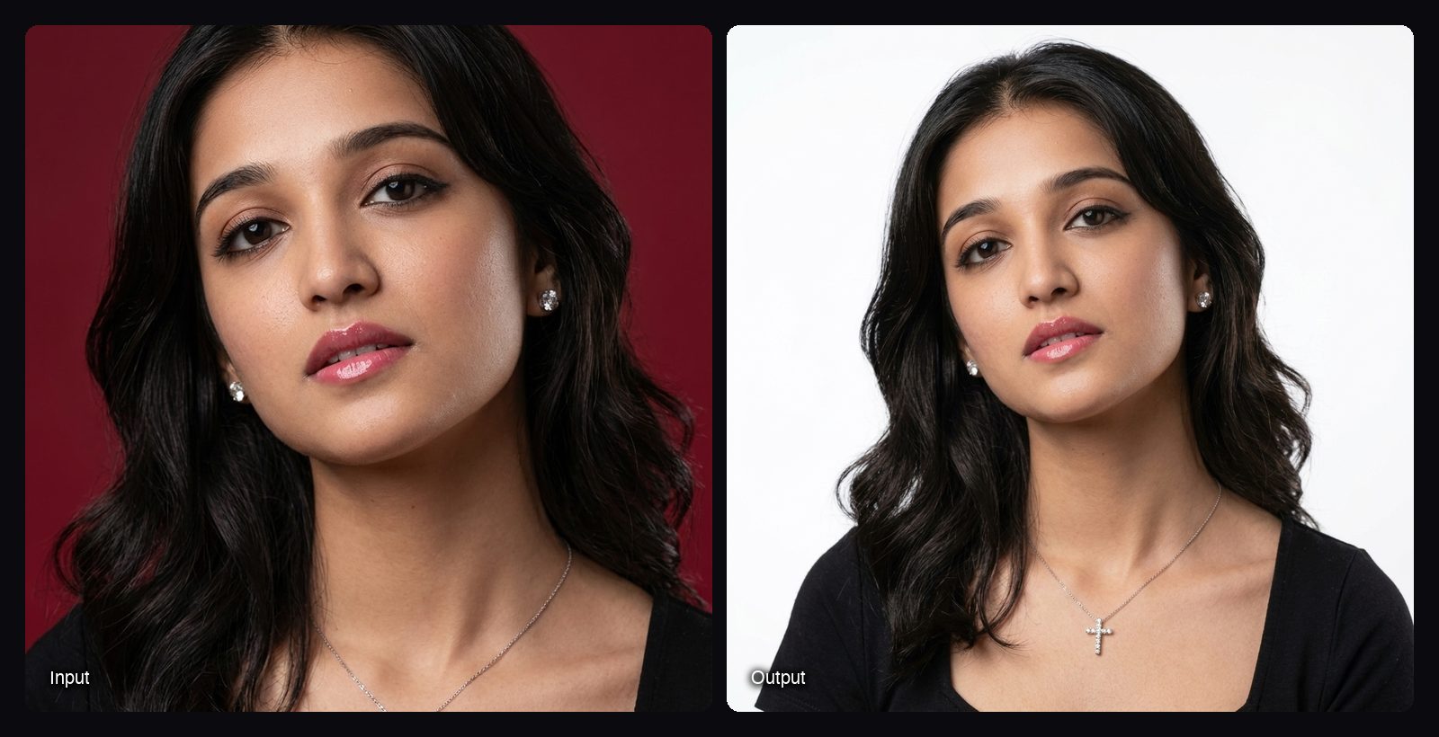 The input image on the left and the result from Sloosh's White Background Product Studio Space on the right: woman in a black top wearing a diamond cross necklace and stud earrings.