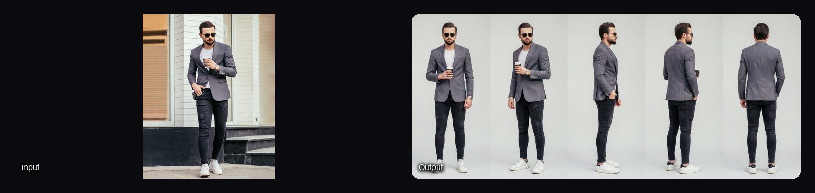 The input image on the left and the result from Sloosh's Character Turnaround Sheet Space on the right: a five-view character turnaround of a male model in a grey blazer.
