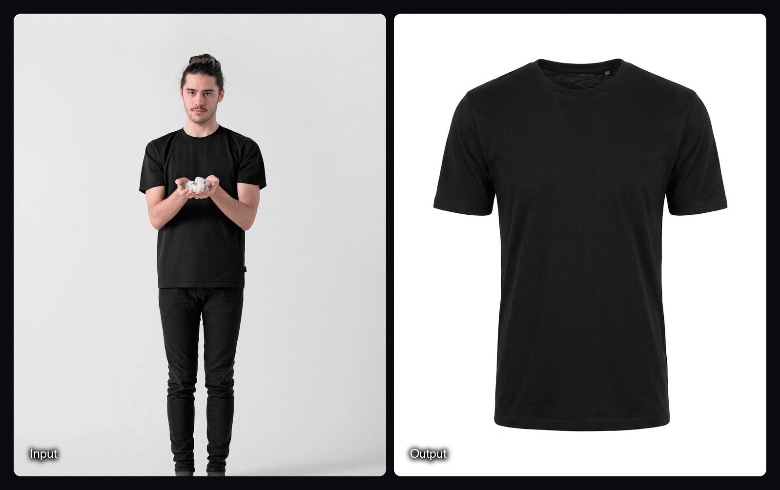 The input image on the left and the result from Sloosh's Ghost Mannequin Space on the right: black cotton crew neck t-shirt shown as a hollow ghost mannequin product photo on a white background.