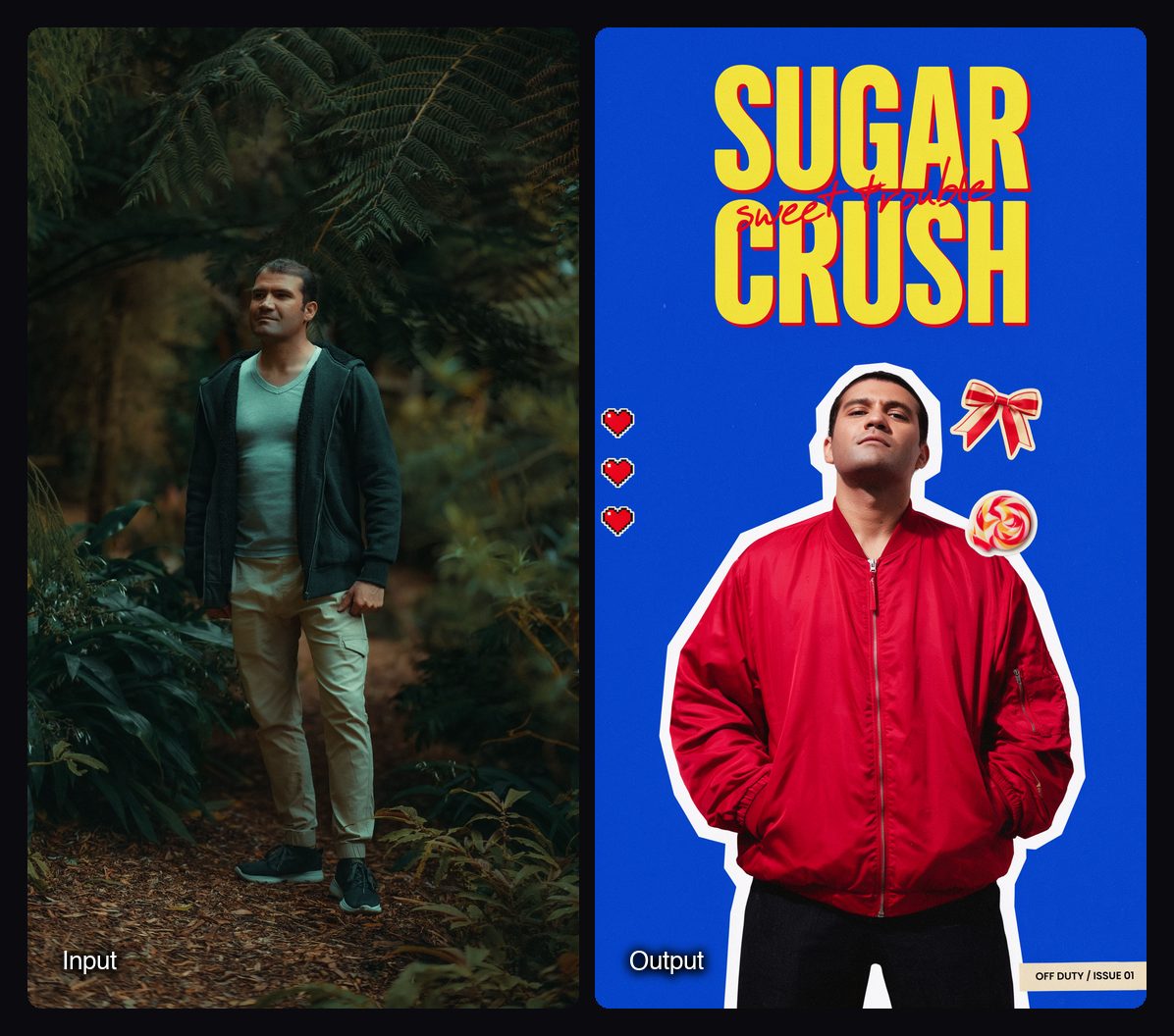 The input image on the left and the result from Sloosh Studio on the right: man in a red bomber jacket under the large headline Sugar Crush on a blue background.